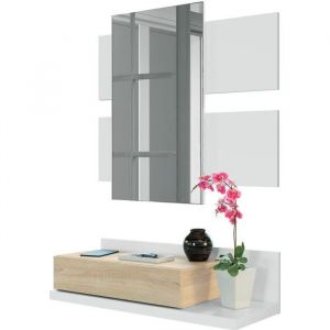 Image de Meuble d'entrée Telma avec 1 tiroir et Miroir Blanc/Chêne, 75 cm Largeur - blanc/chêne