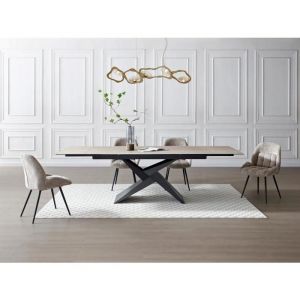 Table à manger extensible 6 à 10 personnes en céramique, verre et métal - Effet travertin beige et Noir - lioniza de Maison Céphy
