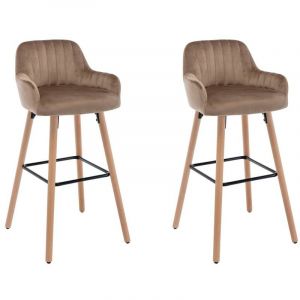 Lot de 2 tabourets de bar en velours et pieds bois de tre Beige ELEANA