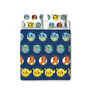 Character World Pokémon Parure de lit Double Officielle Gotta Design | Bleu réversible Pikachu Squirtle Charmander Housse de Couette 2 côtés Produit Officiel avec taies d'oreiller Assorties