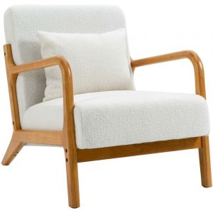 Fauteuil de salon en bois massif et bouclettes blanches