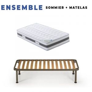 Lot de 2 Matelas 70x190 x 23 cm + 2 Sommiers + pieds + 2 Oreillers Mémoire Offerts avec Latex Naturel densité 80 Kg/m3 Tissu 100% Coton