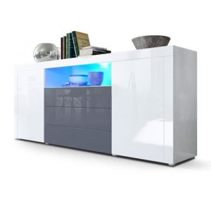 Vladon Buffet Commode Dressoir Crédence Santiago Blanc - Façades en coloris divers - Blanc haute brillance / Gris haute brillance avec éclairage LED