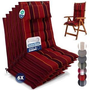 Beautissu Set 6 Premium Coussin Chaise Jardin Dossier Haut 120x50 cm Rouge Rayé – 8 cm Robuste Antidérapant Résistance UV – Sun-HL