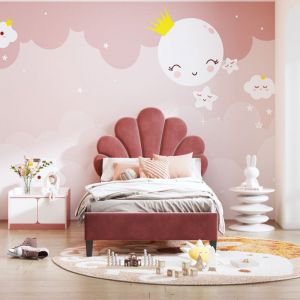 Lit adulte capitonné simple 90 x 200 cm avec tête de lit forme fleur et sommier à lattes. velours. rouge