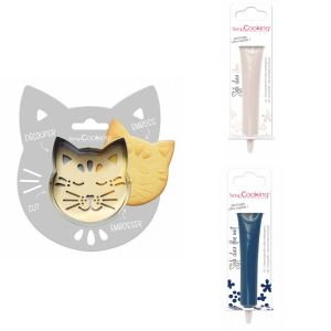Kit pour biscuit en relief Chat + 2 Stylos au chocolat blanc et bleu nuit