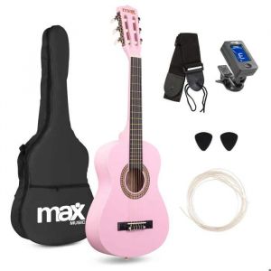 Max SoloArt Pack Guitare Classique Junior 1/4 - Rose Cordes en Nylon 4 à 6 ans Sac de Transport