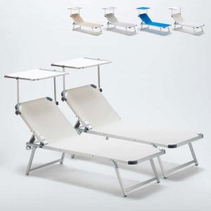 Image de Beach and Garden Design Set 2 Bains De Soleil En Aluminium Pour La Plage Avec Parasol Réglable NETTUNO | Blanc