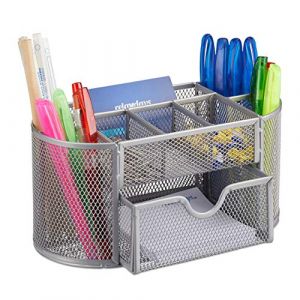 Image de Relaxdays Organiseur de bureau porte-stylos porte-cartes de visite porte bloc-notes tiroir maille métal HxlxP: 10,5 x 22 x 11 cm,