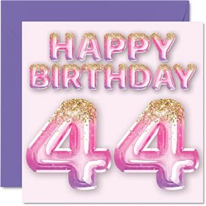 Stuff4 Carte d'anniversaire 44 ans pour femme &ndash; Ballons &agrave; paillettes roses et violets &ndash; Cartes d'anniversaire pour femme, maman, cousine, amie, s&oelig;ur, tante, 145 mm x 145 mm
