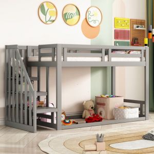 OKWISH Lit superpos&eacute;/mezzanine enfant 90x200 cm - Avec escalier de rangement et sommier &agrave; lattes - Gris (sans matelas)