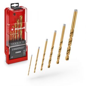 Einhell Original 6-pièces HSS-G Jeu de forets à métaux en titane (acier HSS 4341 affûté en totalité, revêtement titane, pointe Split-Point 135°, spirale fraisée type N, tige ronde)