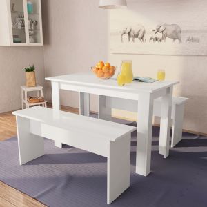 VidaXL Table de salle à manger et bancs 3 pcs Aggloméré Blanc