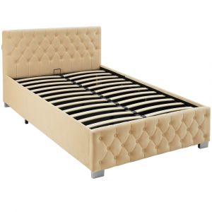 TecTake Lit capitonné avec bandes LED et espace de rangement - beige, 120 x 200 cm