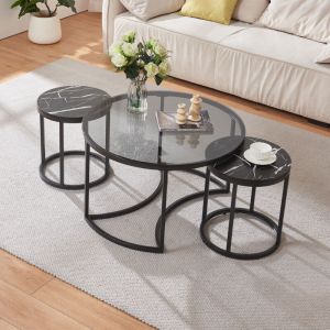 Set de 3 tables basses Kokkola gigognes verre fum&eacute; / effet marbre noir [en.casa]