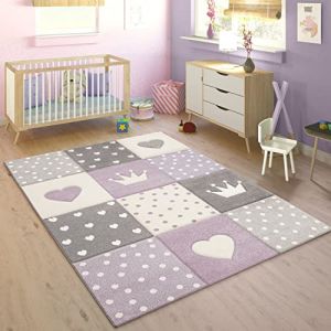 Tapis Enfant Tapis Chambre Enfant Fille Garcon Pastel 3D Pois Couronne Pastel Violet Gris, Dimension:140x200 cm