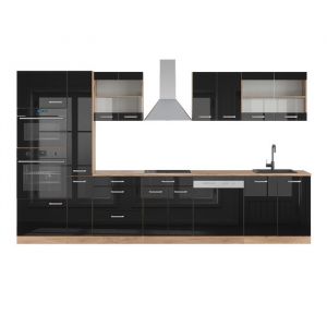 Vicco - Cuisine R-Line, Noir brillant/Chêne doré, 350 cm avec armoire haute, sans plan de travail