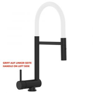 Robinet De Cuisine Mitigeur Noir Mat Rabattable Sous Fenêtre 60mm - Poignée À Gauche - Bec Blanc Orientable Et Douchette 2 Jets Détachable Vizio