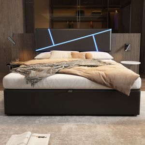 Lit coffre 90x200 simili cuir noir, LED RGB App + mode musique, sommier 13 lattes, sans matelas