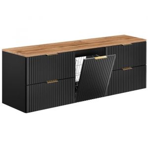 Furnidea - Meuble suspendu sous vasque ADEL NOIR 160 cm avec panier &agrave; linge et plan ch&ecirc;ne - 4 tiroirs - Fa&ccedil;ades rainur&eacute;es