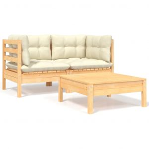 VidaXL Salon de jardin 3 pcs avec coussins crème Bois de pin massif Marron et crème