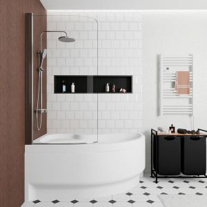 Siko 150x100 cm Fortuna Plus baignoire asymétrique en acrylique, gauche + tablier + pare-baignoire + pieds, blanc (FO1500LPLUS-SETP1)