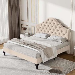 Lit rembourré 140x190cm en velours avec tête de lit réglable + sommier à lattes - Beige