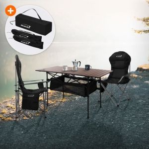 Set de Meubles de Camping, 3 Pièces, Table en Aluminium Marron, 2 Chaises de Pêche Pliantes Noires, Ensemble Pratique avec Sac de Transport, pour 2