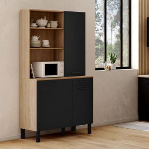 Idmarket Buffet de cuisine avec colonne de rangement 100 CM CINA 3 portes + tiroir façon hêtre et noir
