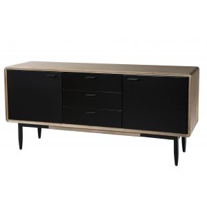 Image de House and Garden Buffet bas scandinave en bois acacia massif noir brillant et décor chêne clair cérusé + pieds en métal noir - L 160 cm