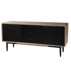 Image de House and Garden Buffet bas scandinave en bois acacia massif noir brillant et décor chêne clair cérusé + pieds en métal noir - L 160 cm