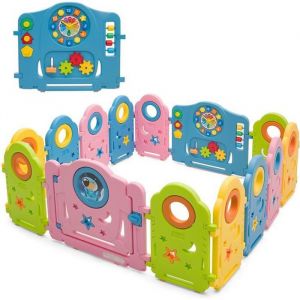 Image de COSTWAY Parc Bébé 14 Panneaux en Plastique sans BPA avec Verrou de Sécurité et d’Adorables Jouets pour 6 Mois à 6 Ans Multicolore