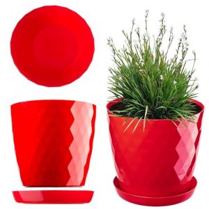 Pot de Fleurs en Plastique avec Soucoupe Intégrée, Pot de Plante pour Une Décoration Florale Moderne dans l'espace Interieur (20 cm, Rouge) - Kadax