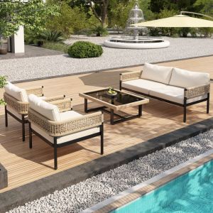 Salon de jardin 4 pièces, 1 canapé + 2 chaises + 1 table basse, avec coussins et pieds réglables, ensemble table et chaise de jardin, fer, beige