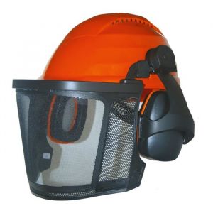 JARDIN PRATIQUE Casque de protection forestier avec grille métallique + Proteges oreilles - Casque de protection forestier, grille métallique, protège oreilles 26 dB relevables et bandeau.