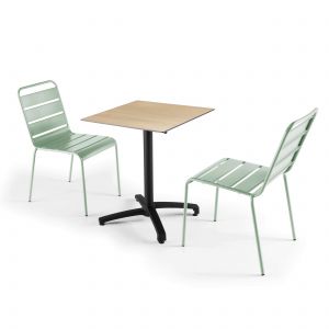 Oviala Ensemble table de jardin stratifié chene naturel et 2 chaises sauge 60 x 60 x 72 cm