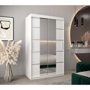 Image de Armoire de Chambre - E-MEUBLES - VENTILA 4 Blanc 120 - Portes Coulissantes - Miroir Penderie