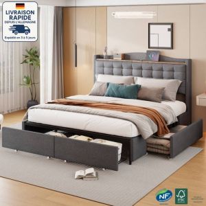Image de Lit double 4 tiroirs 160x200cm, lin, sans matelas, lit adulte, usb, gris