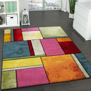 Paco Home - Tapis Design à Carreaux Contour Trendy Multicolore l'Oeil Vert Bleu Orange Rose 120x170 cm