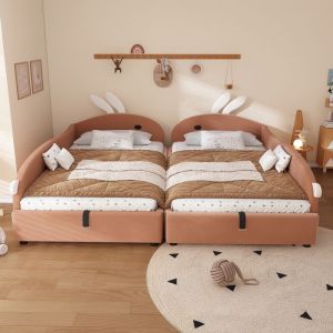 Lit coffre pour enfants 180x200cm - lit double épissé - tête de lit en forme de lapin - velours+contreplaqué - Rose(sans matelas)