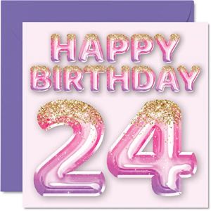 Carte de 24e anniversaire pour femme – Ballons à paillettes roses et violets – Cartes d'anniversaire pour femme de 24 ans, fille, sœur, tante, cousine, 145 mm x 145 mm, vingt-quatrième cartes de vœux