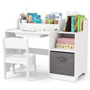 COSTWAY Ensemble Bureau Enfant avec Chaise - &Eacute;tag&egrave;res Ouvertes - Tiroir et Bac de Rangement en Tissu - 2 Compartiments Blanc