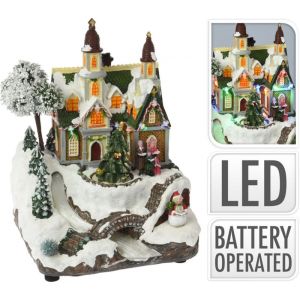 Sc&egrave;ne de No&euml;l &eacute;glise avec rivi&egrave;re en fibre optique - multicolore - 19 x 18 x 25 cm - lumi&egrave;res led, musique & mouvement