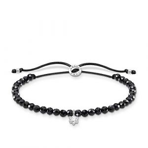 Thomas Sabo Bracelet perles noires avec pierre blanche nylon, Argent sterling 925 Blanc