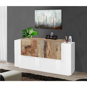 Dmora - Placard Dlenz, Buffet de cuisine à 4 portes, Buffet de salon, 100% Made in Italy, 160x45h86 cm, Blanc brillant et Érable