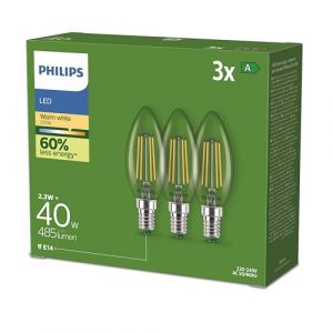Philips Classic ultra-efficient LED ampoule classe énergétique A, équivalent 40W, culot E27, candle, clair, éclairage blanc chaud (2700K), 3-pack, nouvelle génération