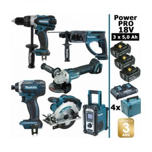 Makita Pack Power PRO 6 outils 18V: Perceuse DDF458 + Perfo DHR202 + Meuleuse DGA504 + Visseuse à chocs DTD152 + Scie circulaire DSS61...