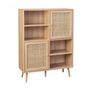 Buffet de rangement cannage et effet bois 4 portes et 2 étagères style bohème - Naturel