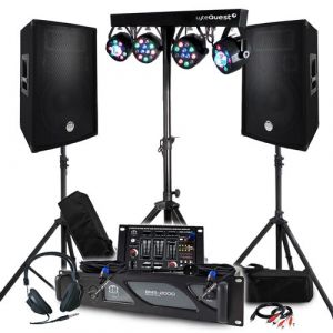 Bm sonic Pack Sono Ampli 2000W, Paire d'Enceintes Passives 2x600W, Table de Mixage, Portique 4 Lumières Xperformer, Pieds