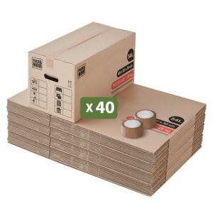 Pack and Move - Lot 40 Cartons Déménagement Premium - 60 X 30 X 30 Cm - Extrême Résistance 30 KG - Réutilisables - Double Épaisseur - Poignées Renforcées - 2 Adhésifs Offerts